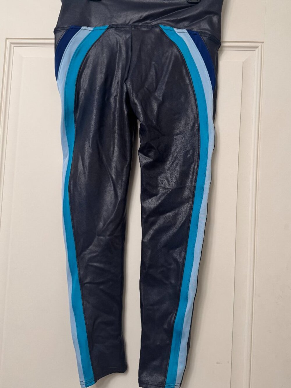 NWT Faux Leather Spanx Leggings - Navy Blue Colorblock Track Stripe Large